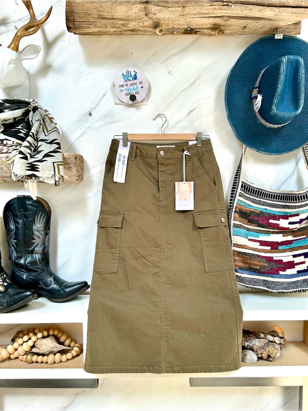 Utility Midi cargo army boho Skirt w equestrian country western farmhouse vibe